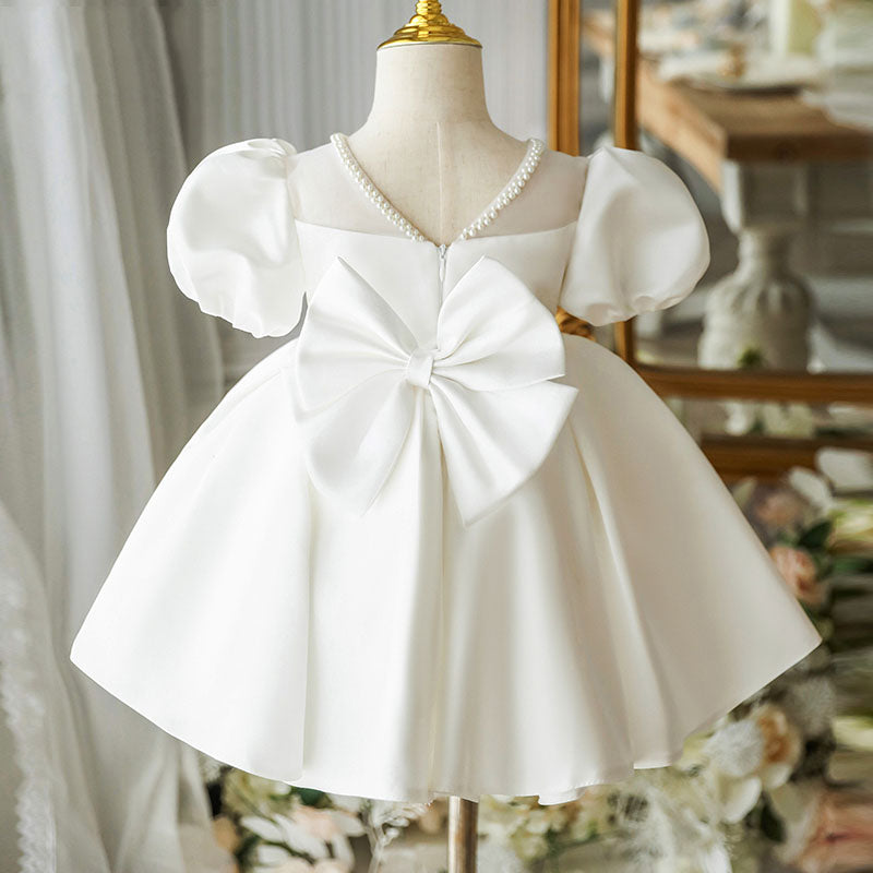 White Satin Princess Dress | Bows & Ruffles Puff Sleeve