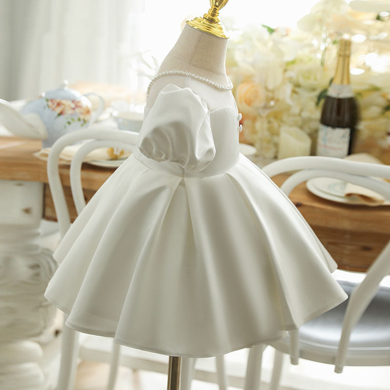 White Satin Princess Dress | Bows & Ruffles Puff Sleeve
