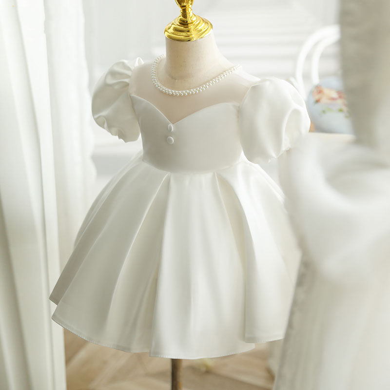 White Satin Princess Dress | Bows & Ruffles Puff Sleeve