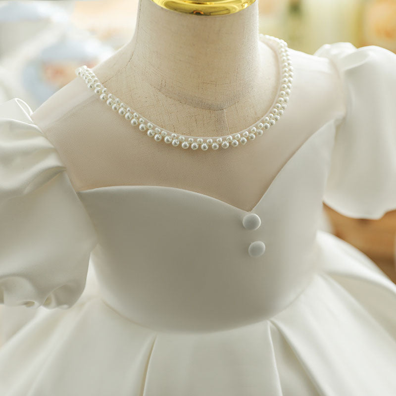 White Satin Princess Dress | Bows & Ruffles Puff Sleeve