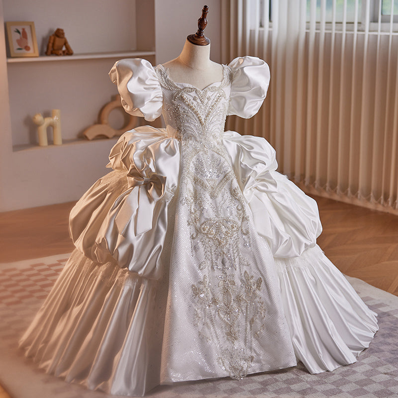 White Satin V-Neck Princess Dress for Girls – Beaded Tiered Flower Girl & Birthday Gown