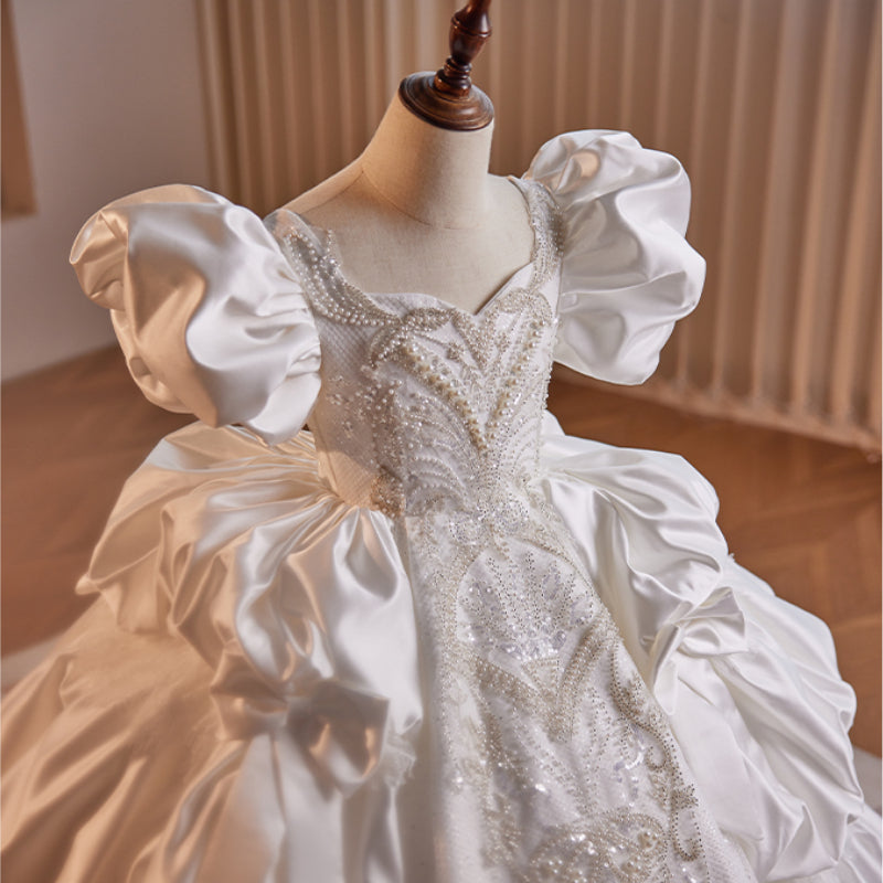 White Satin V-Neck Princess Dress for Girls – Beaded Tiered Flower Girl & Birthday Gown