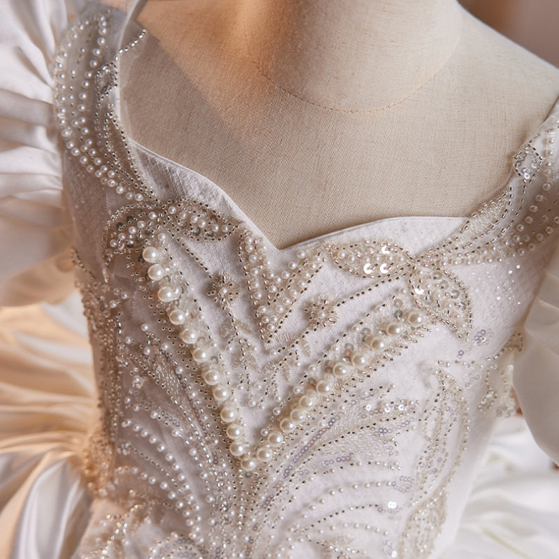 White Satin V-Neck Princess Dress for Girls – Beaded Tiered Flower Girl & Birthday Gown