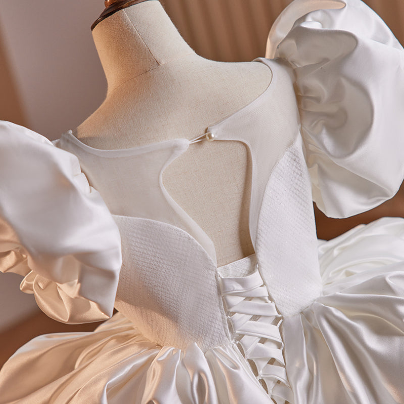 White Satin V-Neck Princess Dress for Girls – Beaded Tiered Flower Girl & Birthday Gown