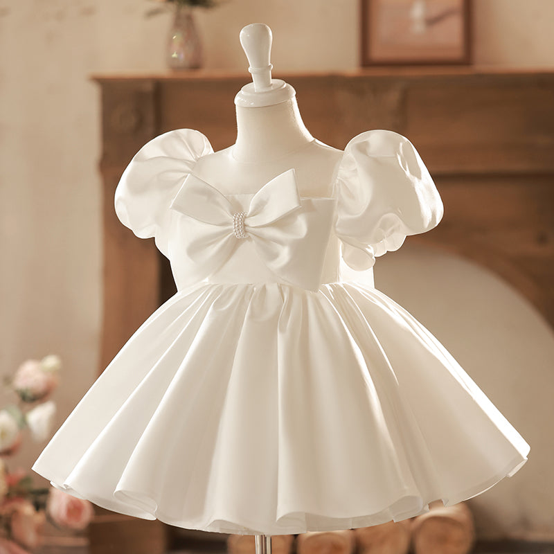 White Satin Princess Dress for Girls | Puff Sleeves, Bows, Knee Length