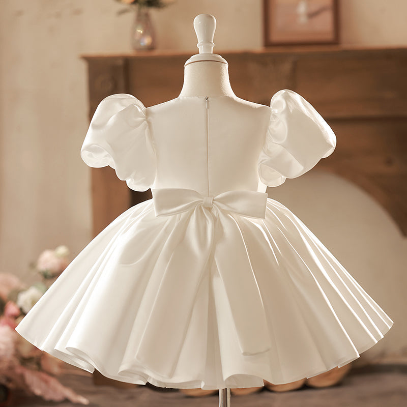 White Satin Princess Dress for Girls | Puff Sleeves, Bows, Knee Length