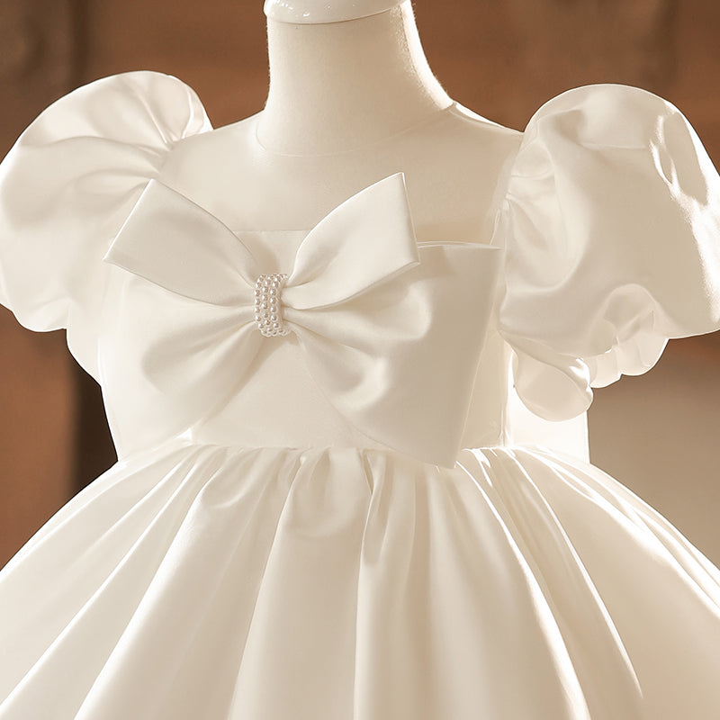 White Satin Princess Dress for Girls | Puff Sleeves, Bows, Knee Length