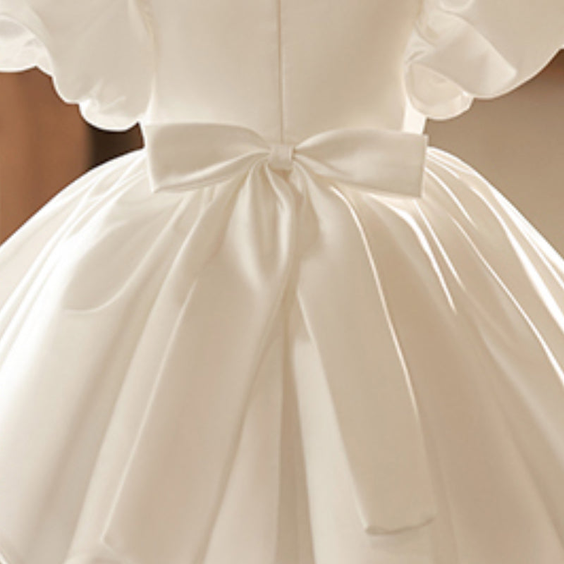 White Satin Princess Dress for Girls | Puff Sleeves, Bows, Knee Length