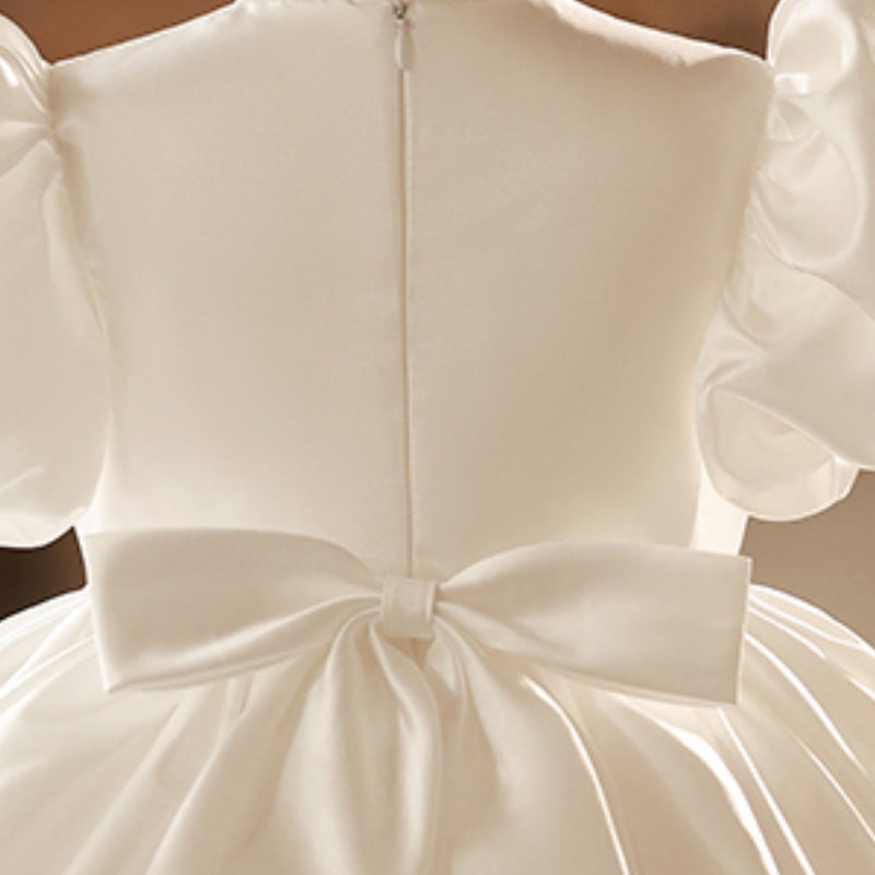 White Satin Princess Dress for Girls | Puff Sleeves, Bows, Knee Length
