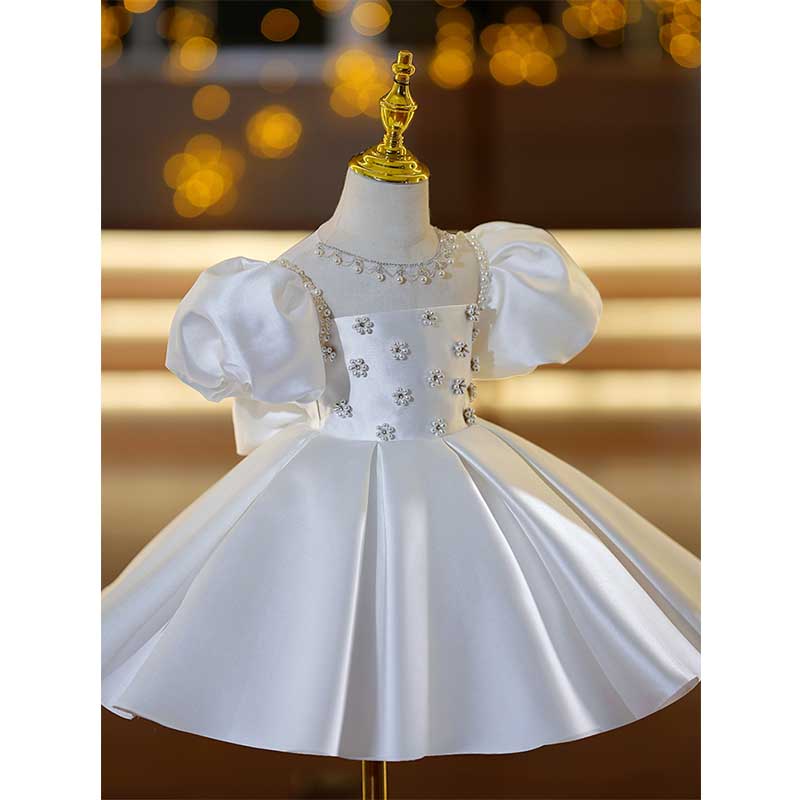 White Satin Princess Flower Girl Dress - Beaded Puff Sleeves