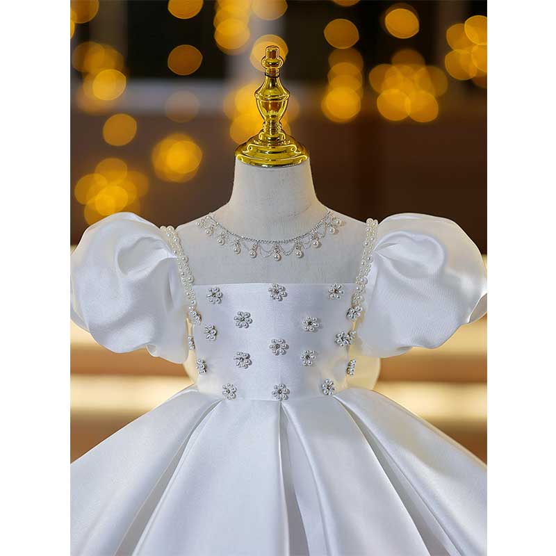 White Satin Princess Flower Girl Dress - Beaded Puff Sleeves