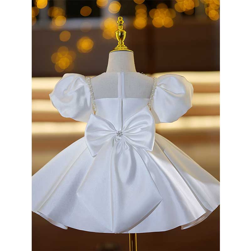 White Satin Princess Flower Girl Dress - Beaded Puff Sleeves