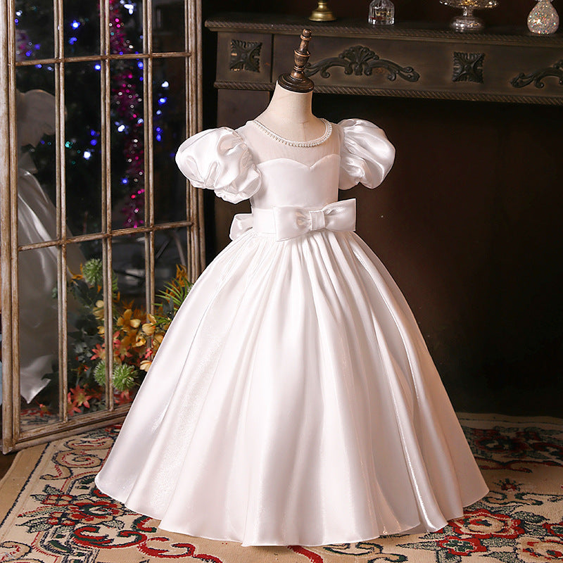 White Satin Princess Flower Girl Dress Bow Boat Neck Floor