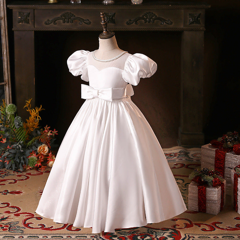 White Satin Princess Flower Girl Dress Bow Boat Neck Floor