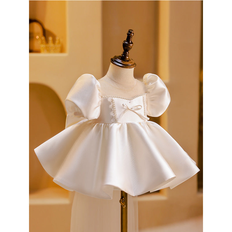 White Satin Princess Flower Girl Dress - Puff Sleeves