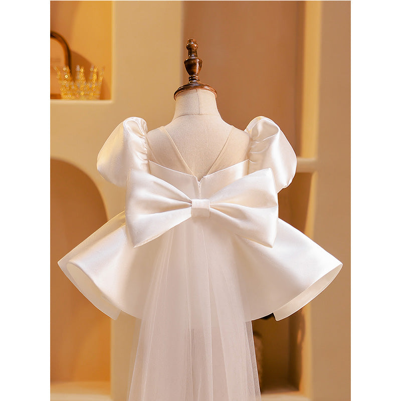 White Satin Princess Flower Girl Dress - Puff Sleeves