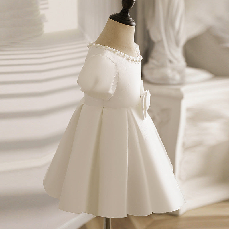 White Satin Princess Flower Girl Dress with Beading and Bow