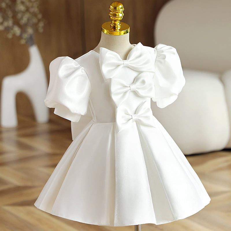 White Satin Princess Flower Girl Dress with Bow