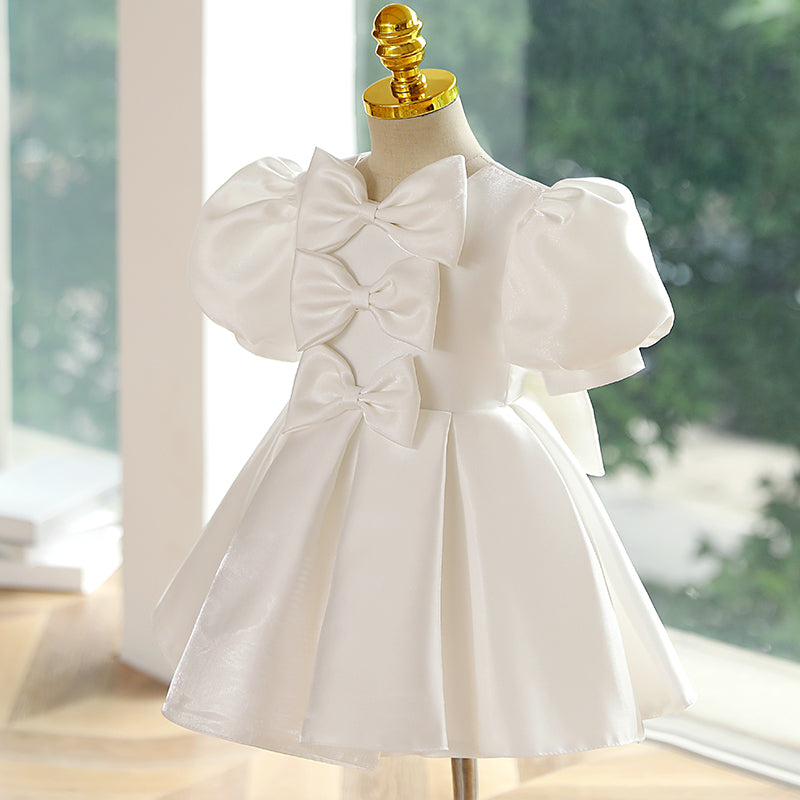 White Satin Princess Flower Girl Dress with Bow