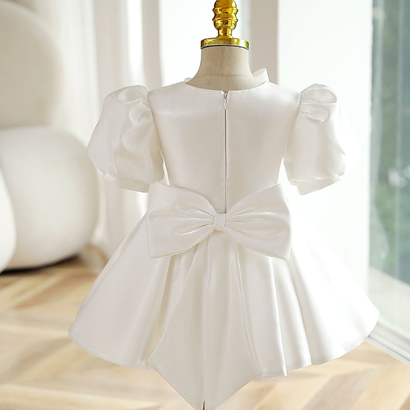 White Satin Princess Flower Girl Dress with Bow