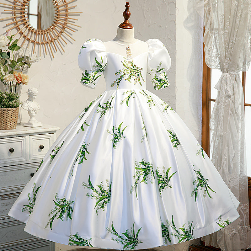 White Satin Princess Flower Girl Dress with Lantern Sleeves