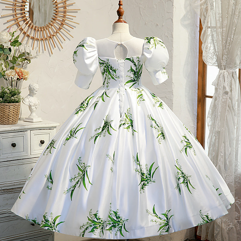 White Satin Princess Flower Girl Dress with Lantern Sleeves