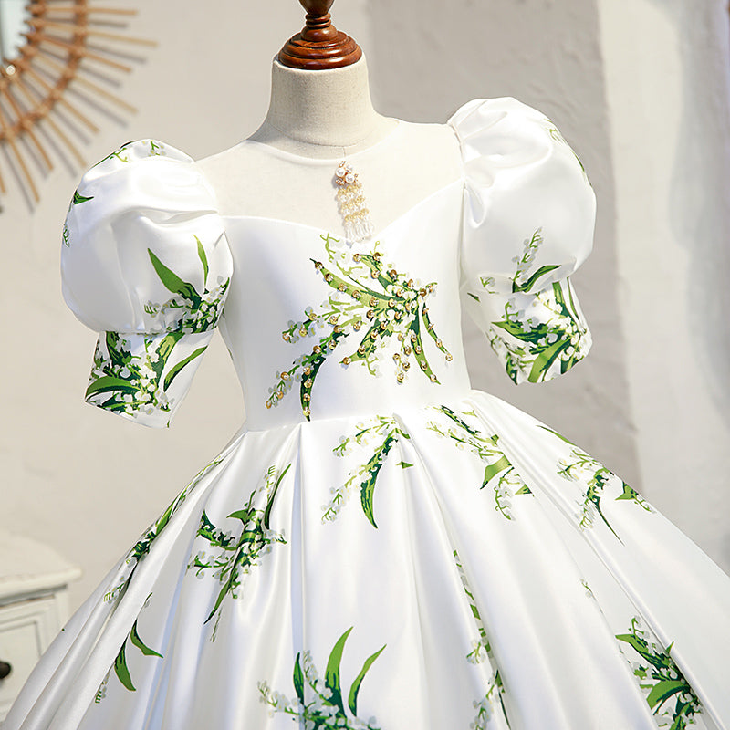 White Satin Princess Flower Girl Dress with Lantern Sleeves