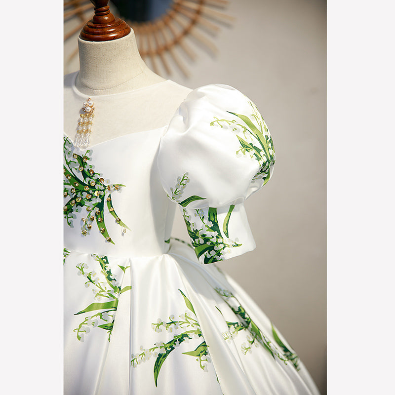 White Satin Princess Flower Girl Dress with Lantern Sleeves
