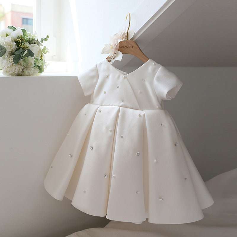 White Satin Princess Flower Girl Dress with Ruffle Detail