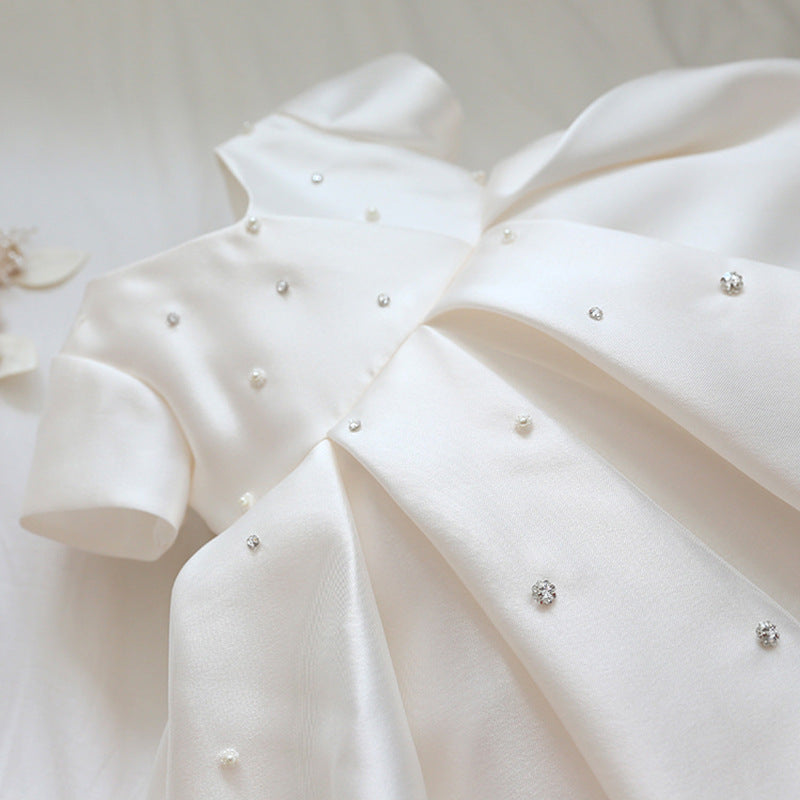 White Satin Princess Flower Girl Dress with Ruffle Detail