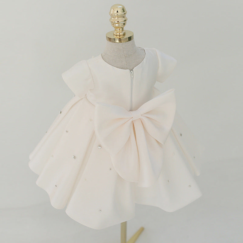 White Satin Princess Flower Girl Dress with Ruffle Detail