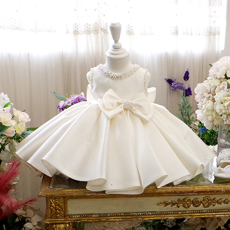 White Satin Princess Flower Girl Dress: Sleeveless Bows