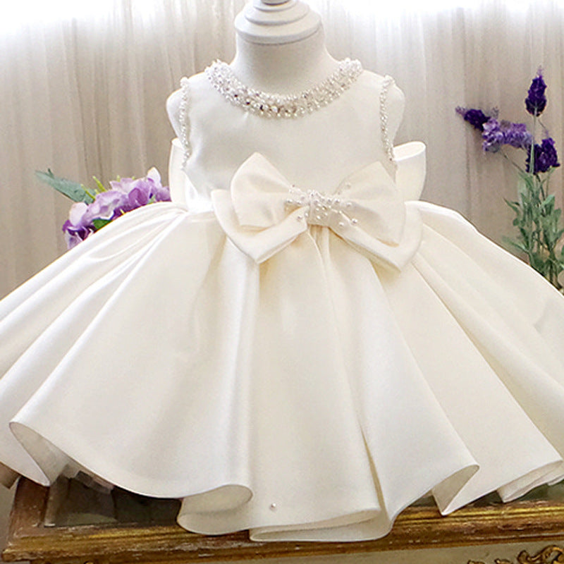 White Satin Princess Flower Girl Dress: Sleeveless Bows