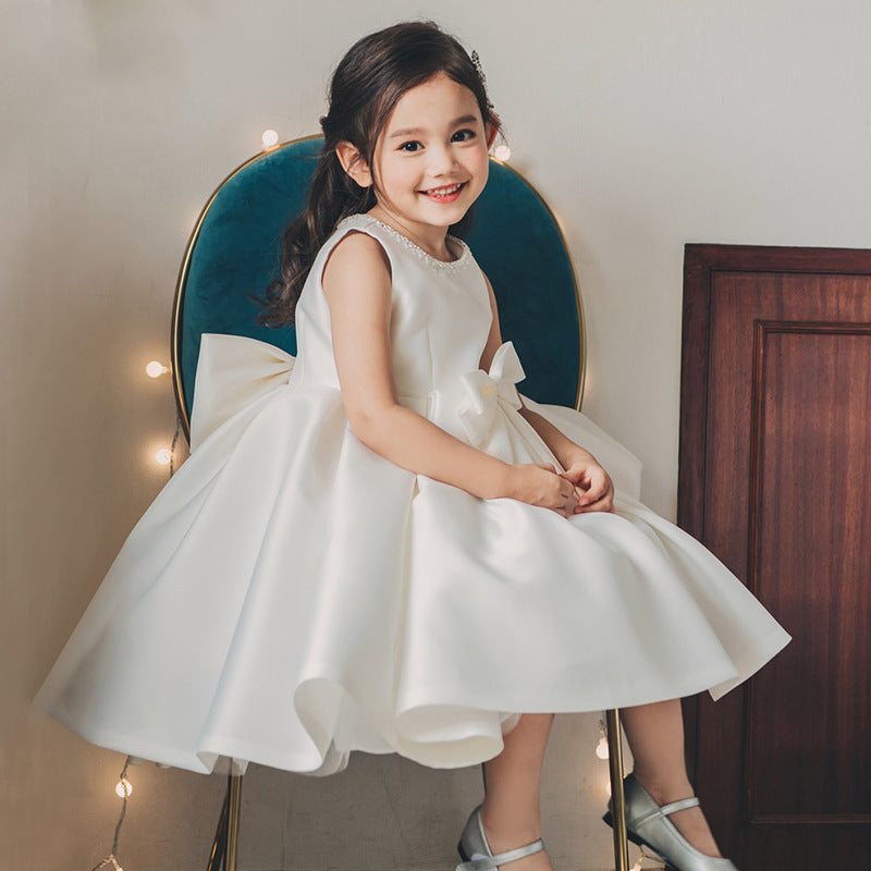 White Satin Princess Tea-Length Flower Girl Dress with Bows