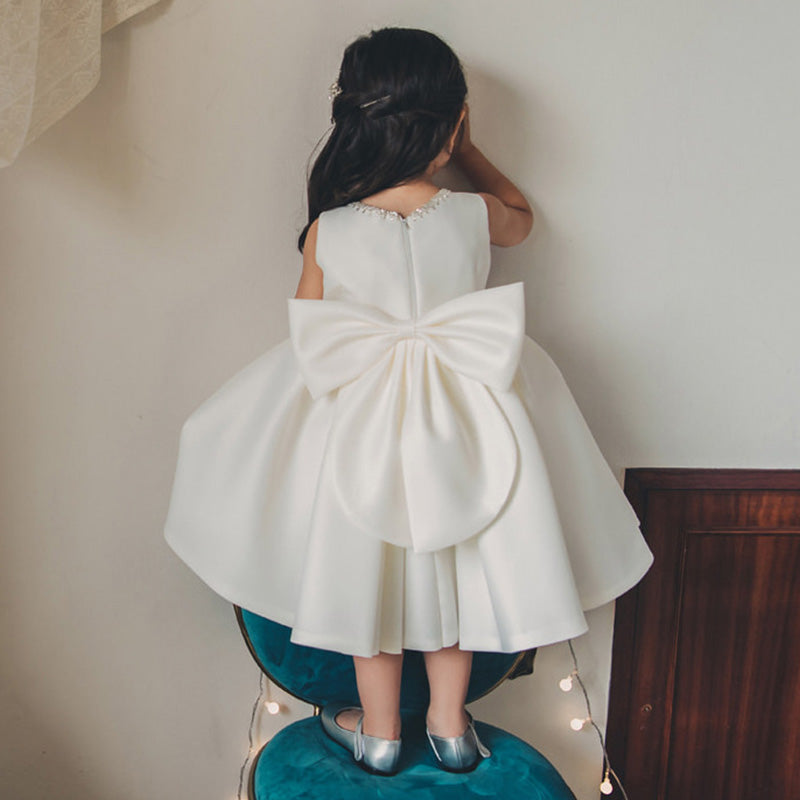 White Satin Princess Tea-Length Flower Girl Dress with Bows