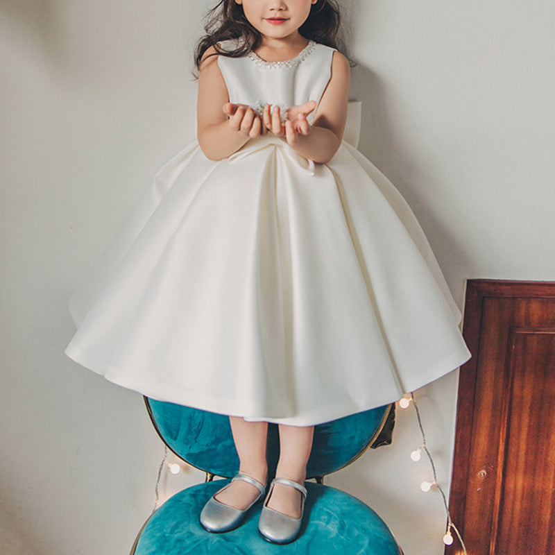 White Satin Princess Tea-Length Flower Girl Dress with Bows