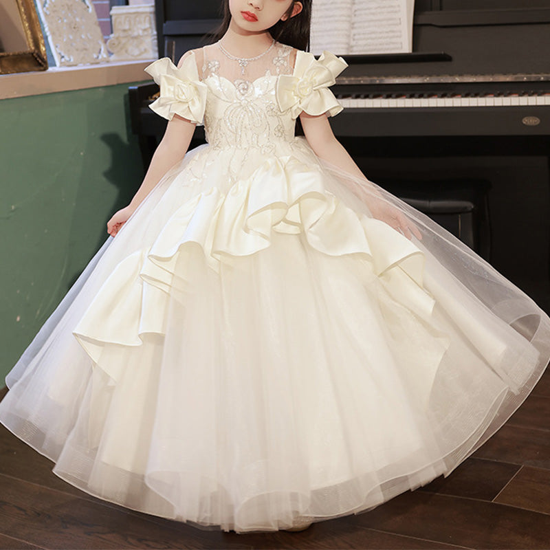 White Satin Tulle A-Line Flower Girl Dress Lace Sequin Cold Shoulder