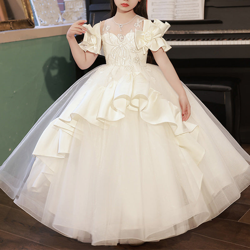 White Satin Tulle A-Line Flower Girl Dress Lace Sequin Cold Shoulder