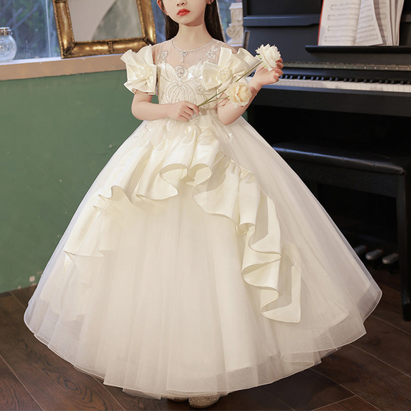 White Satin Tulle A-Line Flower Girl Dress Lace Sequin Cold Shoulder