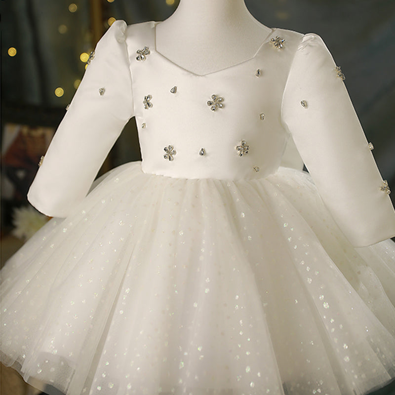 White Satin Tulle A-Line Flower Girl Dress Sequin Sleeve