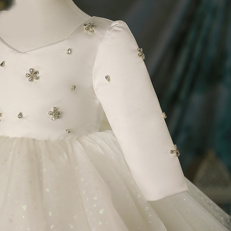 White Satin Tulle A-Line Flower Girl Dress Sequin Sleeve