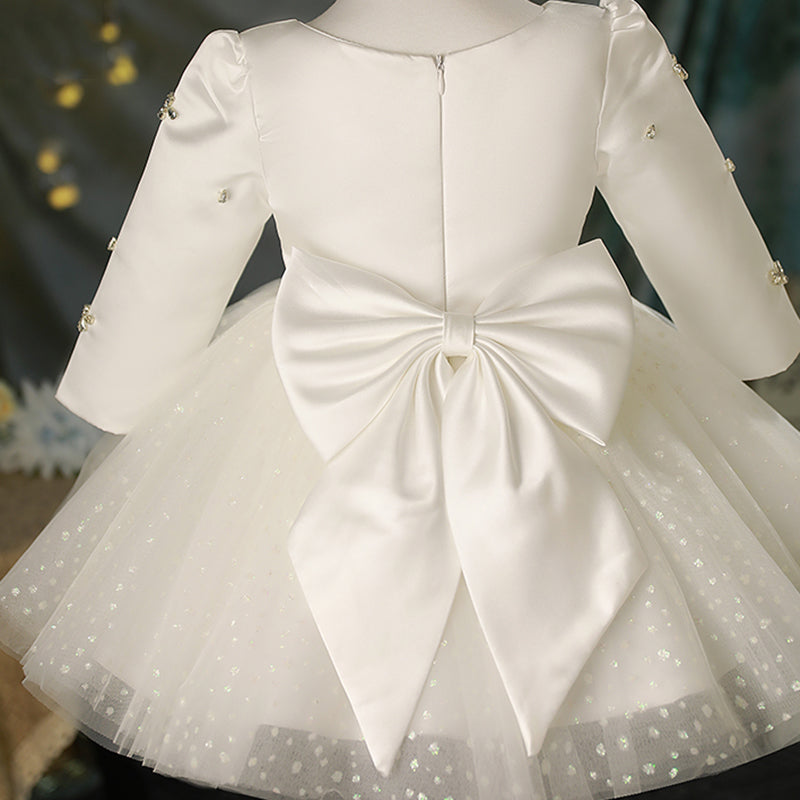 White Satin Tulle A-Line Flower Girl Dress Sequin Sleeve