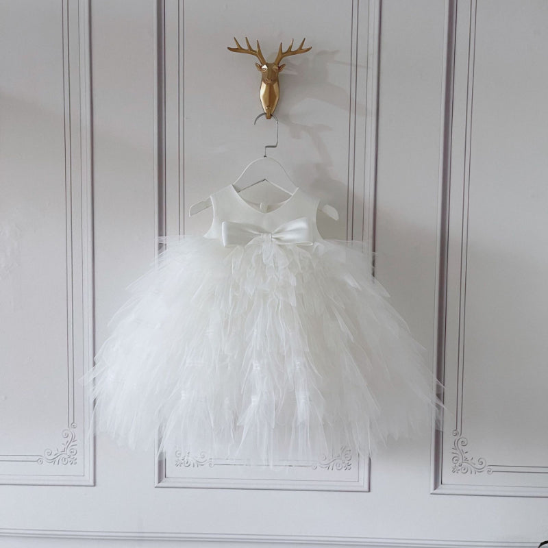 White Tiered Ball Gown Dress for Girls, Satin & Tulle, Flower Girl Special Occasion