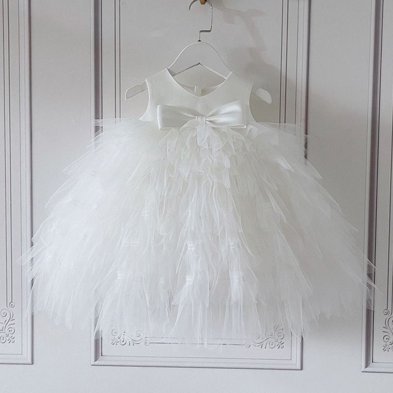 White Tiered Ball Gown Dress for Girls, Satin & Tulle, Flower Girl Special Occasion
