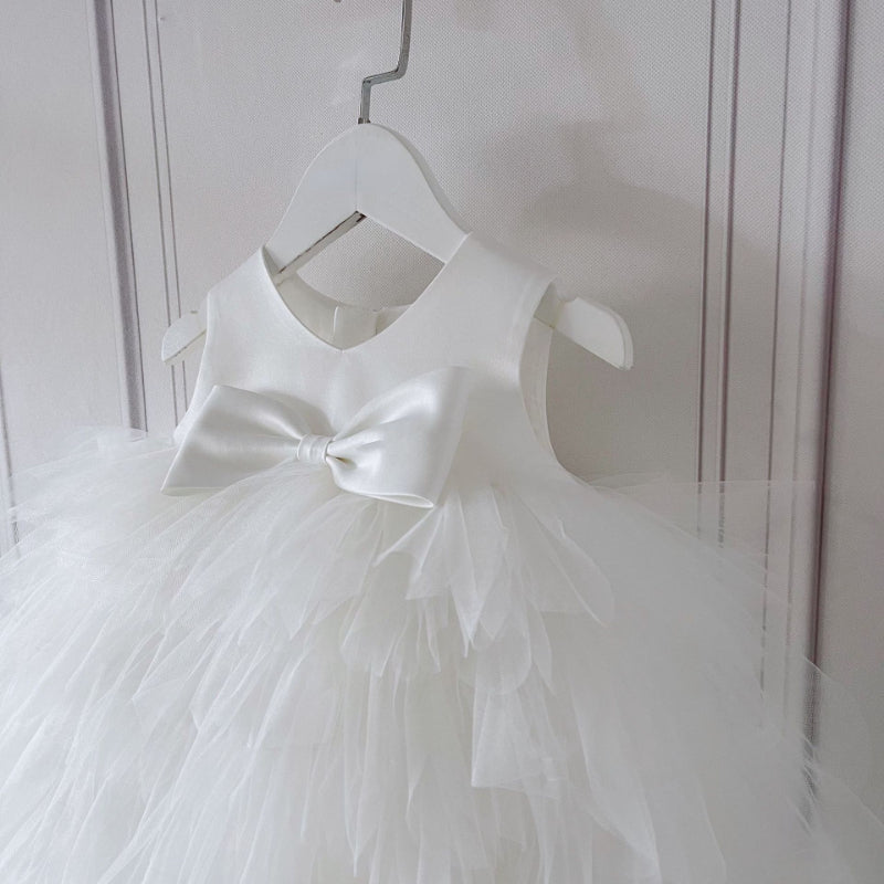 White Tiered Ball Gown Dress for Girls, Satin & Tulle, Flower Girl Special Occasion