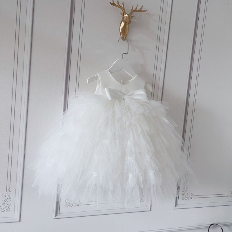 White Tiered Ball Gown Dress for Girls, Satin & Tulle, Flower Girl Special Occasion