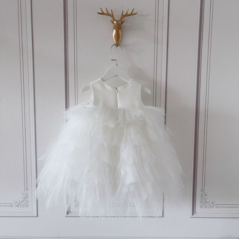 White Tiered Ball Gown Dress for Girls, Satin & Tulle, Flower Girl Special Occasion