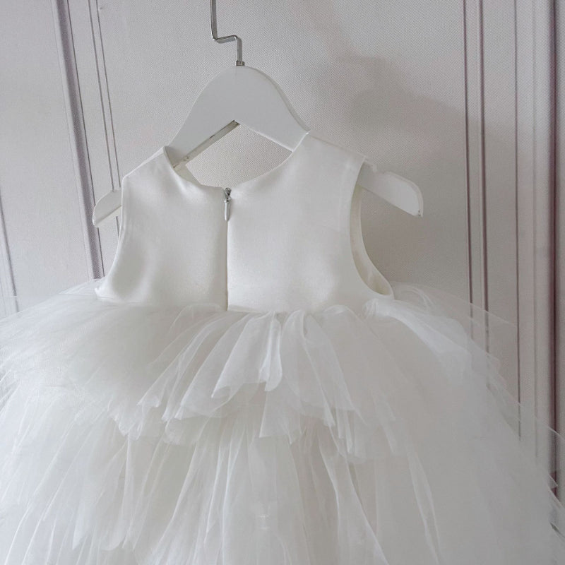 White Tiered Ball Gown Dress for Girls, Satin & Tulle, Flower Girl Special Occasion