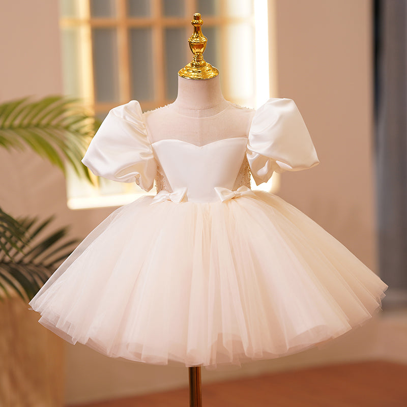 White Satin Tulle Princess Flower Girl Dress Pleated Puff Sleeve White Satin Tulle Princess Flower Girl Dress Pleated Puff Sleeve