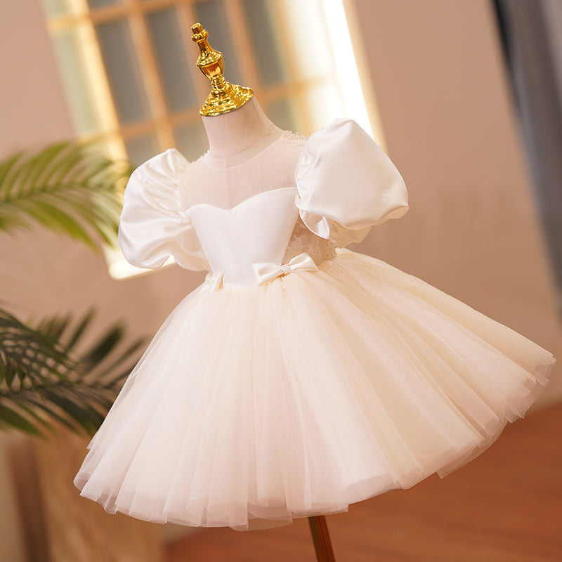 White Satin Tulle Princess Flower Girl Dress Pleated Puff Sleeve